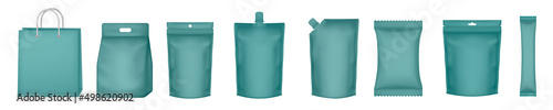 Set of realistic dark green pouch mockups. Flow pack, sugar stick, sachet, zip bag and doypack. Chocolate bar wrapper. Laundry detergent