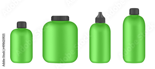 Set of green bottles. Sports nutrition containers packages, fitness protein. Bodybuilding sport food. Jars with supplements for muscle growth. Realistic vector sport nutrition containers without label