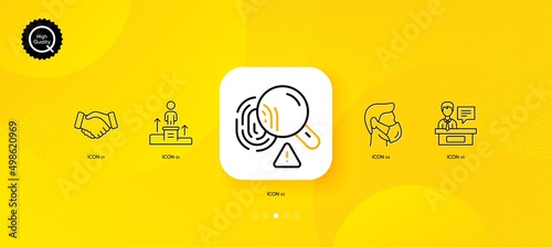 Fingerprint, Exhibitors and Business podium minimal line icons. Yellow abstract background. Handshake, Medical mask icons. For web, application, printing. Vector