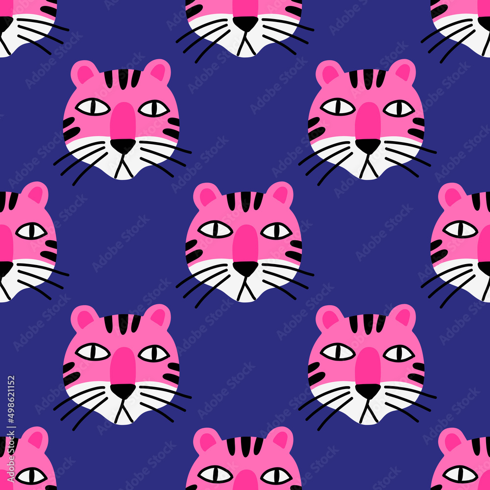 A stylized neon pattern in doodle style for clothing and gift wrapping. The pink cartoon muzzle of a funny tiger on blue background.