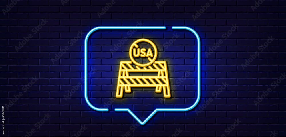 Neon light speech bubble. USA close borders line icon. Coronavirus Covid-19 pandemic sign. Travel restrictions symbol. Neon light background. USA close borders glow line. Brick wall banner. Vector Neon light speech bubble. USA close borders line icon. Coronavirus Covid-19 pandemic sign. Travel restrictions symbol. Neon light background. USA close borders glow line. Brick wall banner. Vector