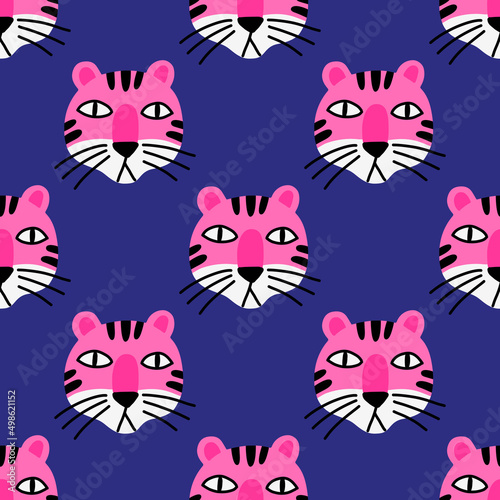 A stylized neon pattern in doodle style for clothing and gift wrapping. The pink cartoon muzzle of a funny tiger on blue background.