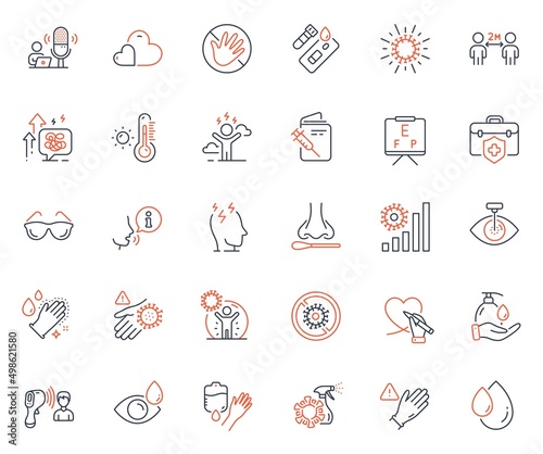 Medical icons set. Included icon as Coronavirus statistics, Coronavirus protection and Medical insurance web elements. Electronic thermometer, Eye drops, Wash hands icons. Washing hands. Vector