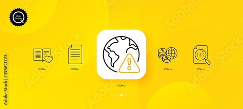 File, Search file and World money minimal line icons. Yellow abstract background. Internet warning, Love book icons. For web, application, printing. Paper page, Find document, Global markets. Vector