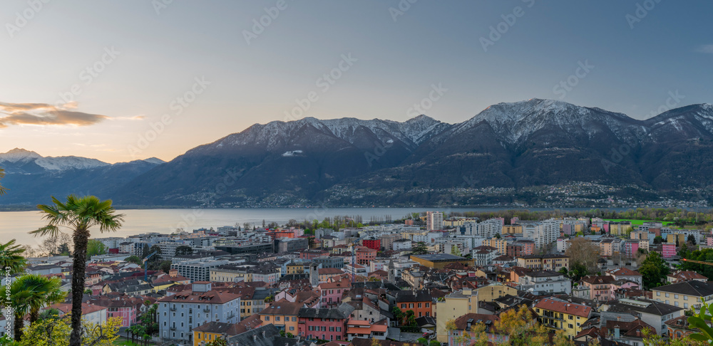 View over Maggiore lake and Locarno town in spring sunny morning