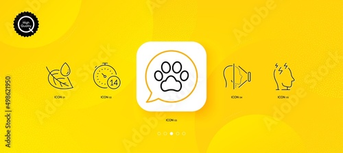 Quarantine, Pets care and Stress minimal line icons. Yellow abstract background. Face id, Leaf dew icons. For web, application, printing. Self-isolate, Dog paw, Mind anxiety. Phone scanning. Vector