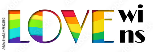 Paper cutout style rainbow LOVE WINS lettering isolated on white background