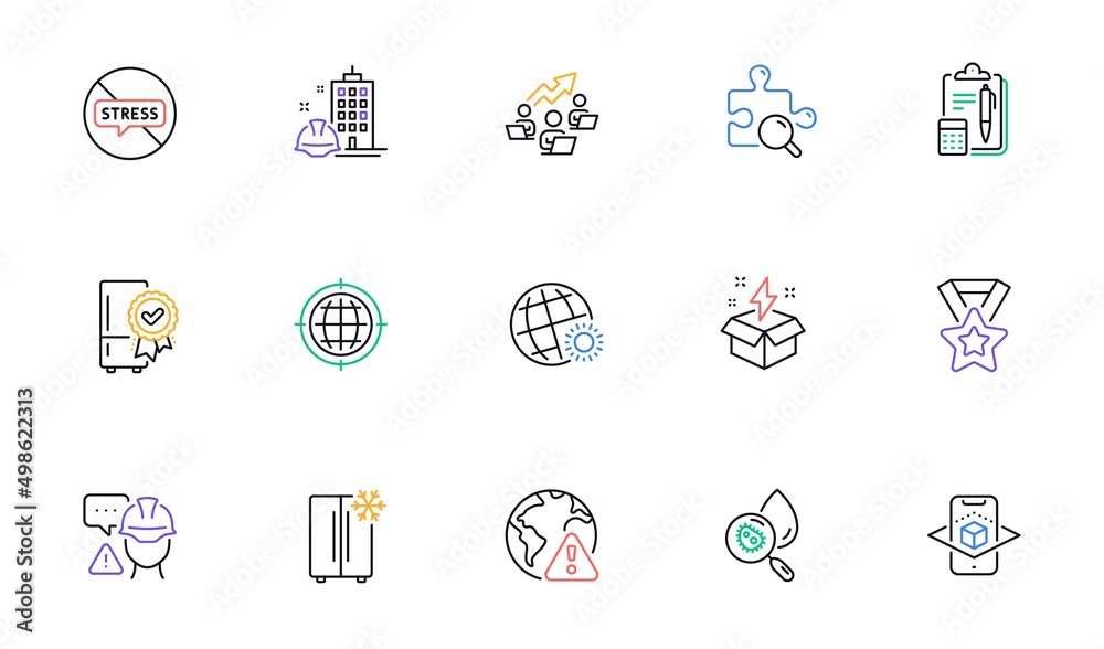 Creative idea, Winner ribbon and Internet warning line icons for website, printing. Collection of Search puzzle, World weather, Teamwork chart icons. Builder warning, Seo internet. Vector