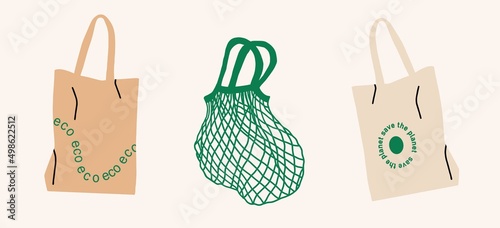 Set of fabric, mesh and wicker eco bag isolated on white background. Modern organic shopper, for trendy women. Vector illustration on flat cartoon style.