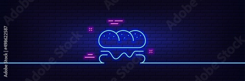 Neon light glow effect. Burger line icon. Fast food sign. Hamburger sandwich symbol. 3d line neon glow icon. Brick wall banner. Burger outline. Vector