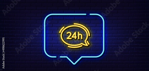 Neon light speech bubble. 24 hour service line icon. Call support sign. Feedback chat symbol. Neon light background. 24h service glow line. Brick wall banner. Vector