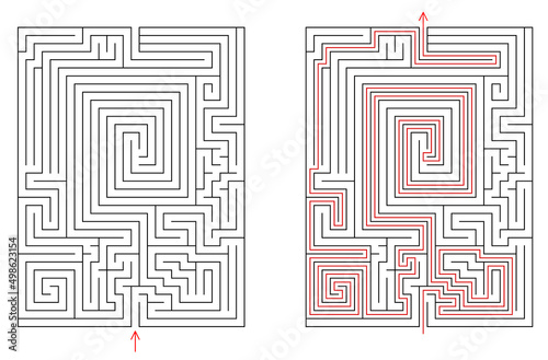 Vector rectangular labyrinth with entry and exit. Difficulty level - hard. Maze with solution - red passing route. Children logic game for brain training isolated on white background.