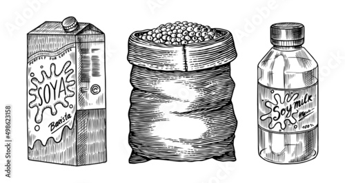 Soya beans. Milk and tofu. Soybean sketch. Pod on plant. Nuts and seeds in sack. Detailed vegetarian food and leaves drawing. hand drawn illustration for menu, label, icon or poster.