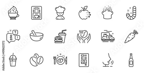 Outline set of Cooking chef, Coffee maker and Carrot line icons for web application. Talk, information, delivery truck outline icon. Include Hamburger, Coffee cocktail, Beer icons. Vector