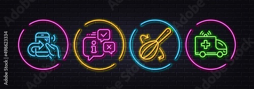 Cooking whisk, Info and Share call minimal line icons. Neon laser 3d lights. Ambulance car icons. For web, application, printing. Cutlery, Information chat, Phone support. Emergency transport. Vector