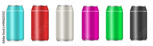 Realistic metallic aluminum cans for soda, drink.