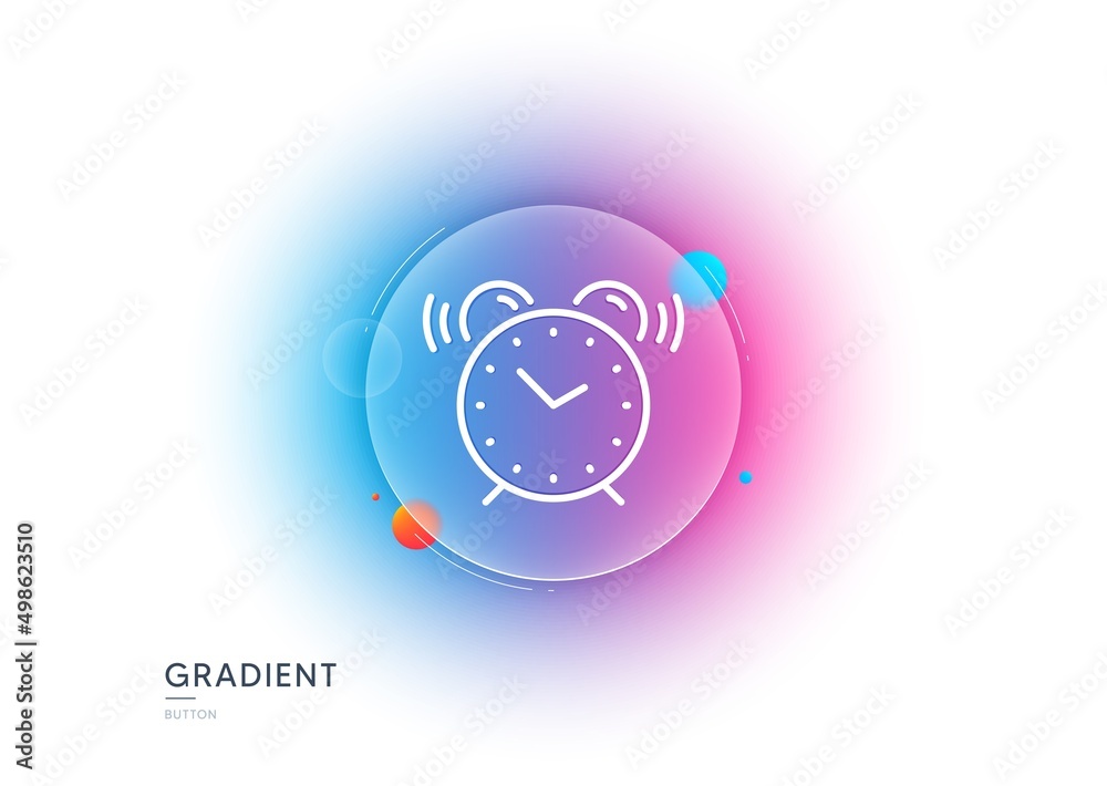 Alarm clock line icon. Gradient blur button with glassmorphism. Time sign. Watch symbol. Transparent glass design. Alarm clock line icon. Vector