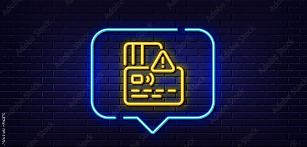 Neon light speech bubble. Credit card line icon. Bank money payment sign. Non-cash pay symbol. Neon light background. Card glow line. Brick wall banner. Vector Neon light speech bubble. Credit card line icon. Bank money payment sign. Non-cash pay symbol. Neon light background. Card glow line. Brick wall banner. Vector