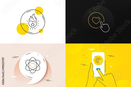 Minimal set of World brand, Atom and Heart flame line icons. Phone screen, Quote banners. Like button icons. For web development. Love, Electron, Love fire. World brand line icon. Vector