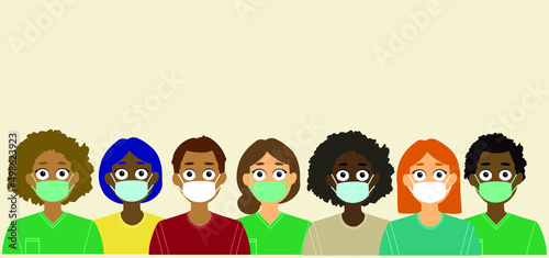 Vector horizontal. Grupo de personas diversas y trabajadores sanitarios llevando mascarilla para la prevención del coronavirus sobre fondo color crema.