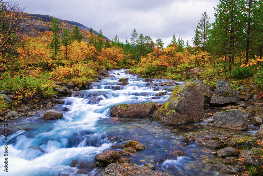 River in the Khibiny mountains in autumn. Autumn landscape River in the Khibiny mountains in autumn. Autumn landscape