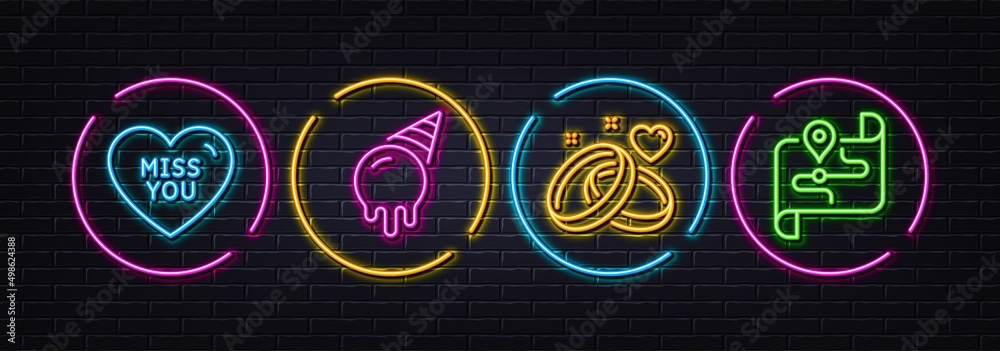 Miss you, Ice cream and Marriage rings minimal line icons. Neon laser 3d lights. Map icons. For web, application, printing. Love heart, Sundae cone, Engagement. Journey road. Vector