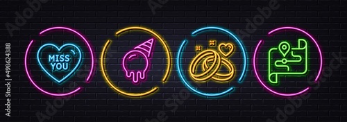 Miss you, Ice cream and Marriage rings minimal line icons. Neon laser 3d lights. Map icons. For web, application, printing. Love heart, Sundae cone, Engagement. Journey road. Vector