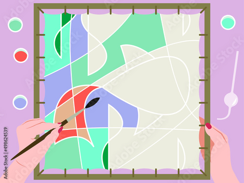 Vector illustration - a woman's hand paints a fabric stretched over a square frame with a brush. Concept hobby and hand-painted batik