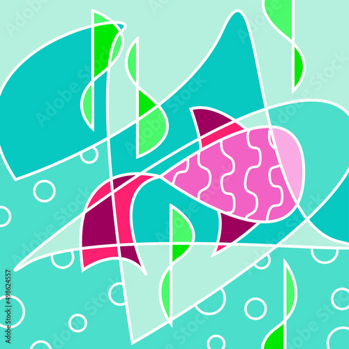 Vector illustration - abstract composition stained glass - a beautiful decorative fish in blue water and algae. Concept aquarium