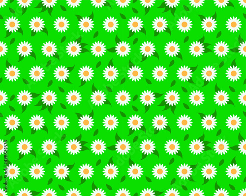 Vector graphics - floral summer bright background with white daisies on green grass. Concept - wallpaper, fabric or paper