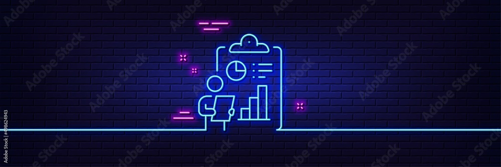 Neon light glow effect. Report line icon. Accounting clipboard document sign. Budget info symbol. 3d line neon glow icon. Brick wall banner. Report outline. Vector Neon light glow effect. Report line icon. Accounting clipboard document sign. Budget info symbol. 3d line neon glow icon. Brick wall banner. Report outline. Vector