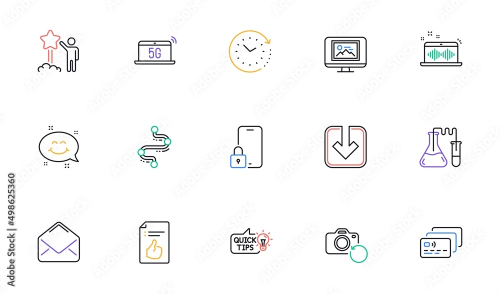 Time change, Education idea and Recovery photo line icons for website, printing. Collection of Chemistry lab, Star, Card icons. Lock, Timeline, Photo thumbnail web elements. Music making. Vector