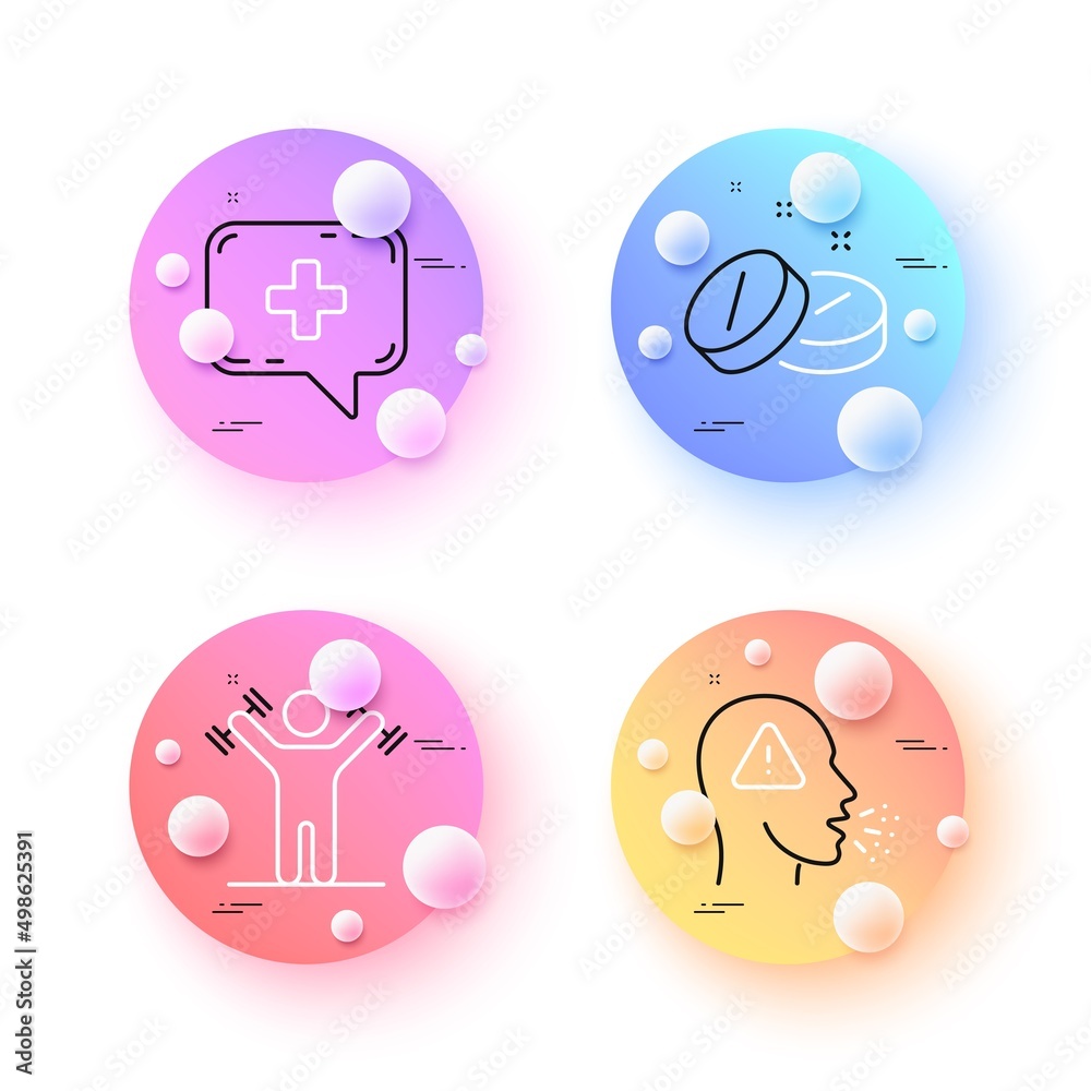 Medical tablet, Dumbbells workout and Cough minimal line icons. 3d spheres or balls buttons. Medical chat icons. For web, application, printing. Medicine pill, Fitness athlete, Flu symptom. Vector Medical tablet, Dumbbells workout and Cough minimal line icons. 3d spheres or balls buttons. Medical chat icons. For web, application, printing. Medicine pill, Fitness athlete, Flu symptom. Vector