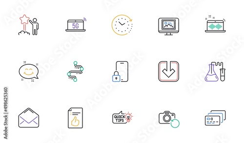 Time change, Education idea and Recovery photo line icons for website, printing. Collection of Chemistry lab, Star, Card icons. Lock, Timeline, Photo thumbnail web elements. Music making. Vector