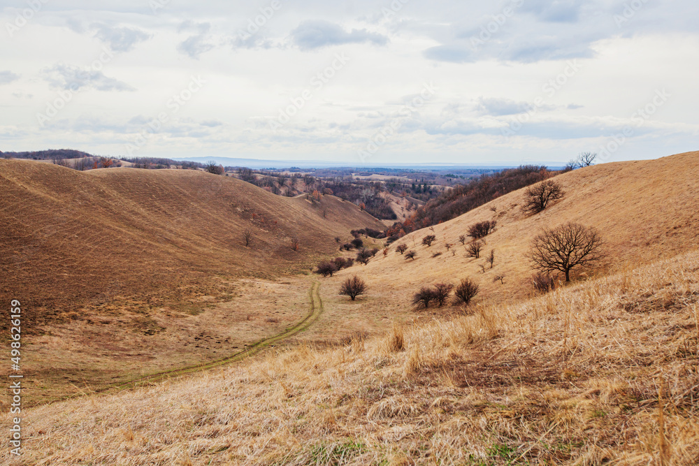The Scenery of a Rural Area. Countryside Nature Landscape. Hills and Fields, Pasture Area, Early Spring Seasons. Cloudy Day. Dry Grassy Vegetation. Desert-like Relief. The Scenery of a Rural Area. Countryside Nature Landscape. Hills and Fields, Pasture Area, Early Spring Seasons. Cloudy Day. Dry Grassy Vegetation. Desert-like Relief.