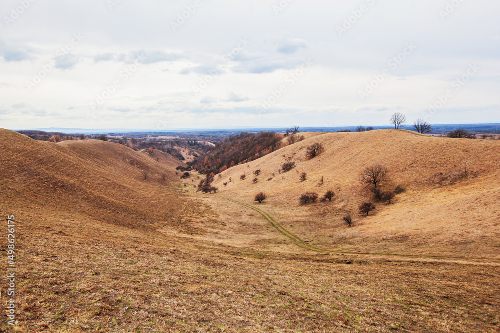 The Scenery of a Rural Area. Countryside Nature Landscape. Hills and Fields, Pasture Area, Early Spring Seasons.  Cloudy Day. Dry Grassy Vegetation. Desert-like Relief. 