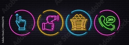 Touchscreen gesture, Coal trolley and Electronic thermometer minimal line icons. Neon laser 3d lights. 24h service icons. For web, application, printing. Vector