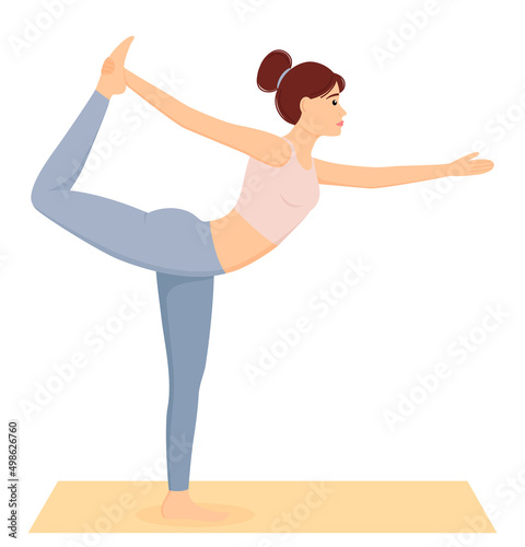 Woman standing in Natarajasana pose. Girl doing pilates, fitness and yoga exercises on mat. Healthy lifestyle. Home workout, vector illustration