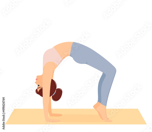 Woman standing in bridge pose. Girl doing pilates, fitness and yoga exercises on mat. Healthy lifestyle. Workout, vector illustration
