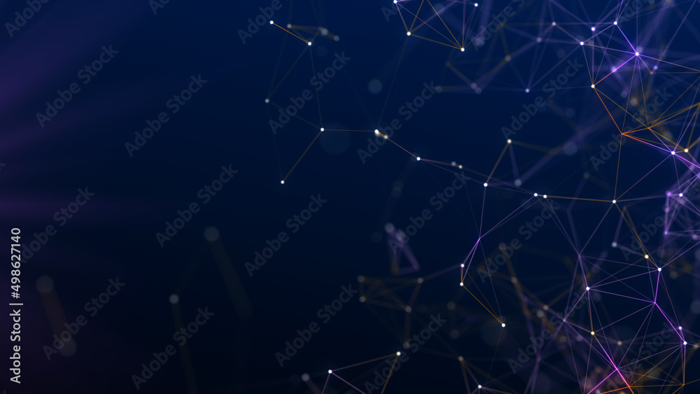 Abstract blue background with moving lines and dots. Network connection. Worldwide Internet connection. Visualization of big data. 3d rendering.