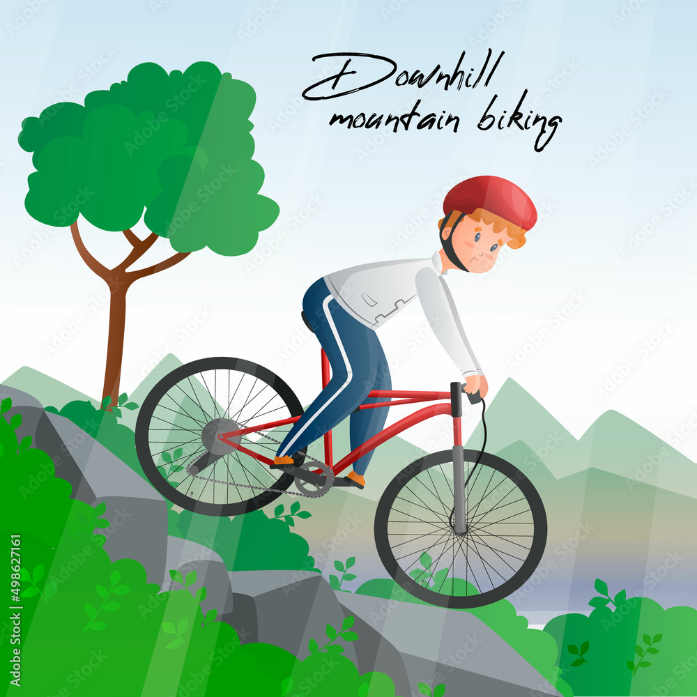 Vector illustration with a cyclist descending from a slope against the background of nature, forest. The concept extreme sports, risk, downhill mountain biking. Vector illustration with a cyclist descending from a slope against the background of nature, forest. The concept extreme sports, risk, downhill mountain biking.