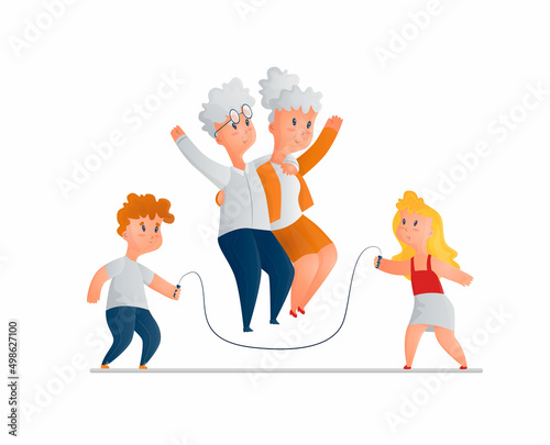 Vector isolated illustration of an elderly couple jumping rope. The concept of entertainment, recreation and sports for the elderly. It can be used in postcards, banners, web design, etc.