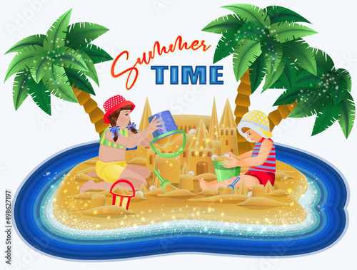 Summer time card, tropical island with cute little girl and boy on the beach , vector illustration