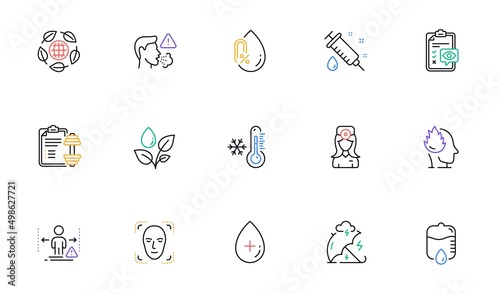 Oil serum, Plants watering and Eye checklist line icons for website, printing. Collection of Stress protection, Dumbbell, Social distance icons. Cough, Drop counter, No alcohol web elements. Vector