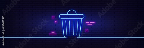 Neon light glow effect. Trash bin line icon. Garbage, waste sign. Delete, remove symbol. 3d line neon glow icon. Brick wall banner. Trash bin outline. Vector