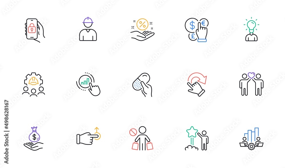 Loan percent, Capsule pill and Income money line icons for website, printing. Collection of Engineer, Education, Star icons. Graph chart, Stop shopping, Teamwork chart web elements. Vector