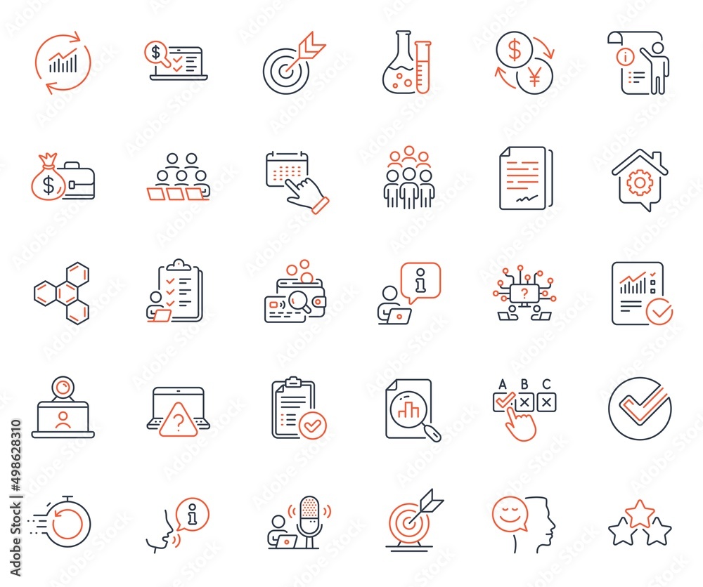 Education icons set. Included icon as Chemical formula, Target goal and Video conference web elements. Good mood, Correct checkbox, Teamwork question icons. Group people, Approved report. Vector Education icons set. Included icon as Chemical formula, Target goal and Video conference web elements. Good mood, Correct checkbox, Teamwork question icons. Group people, Approved report. Vector