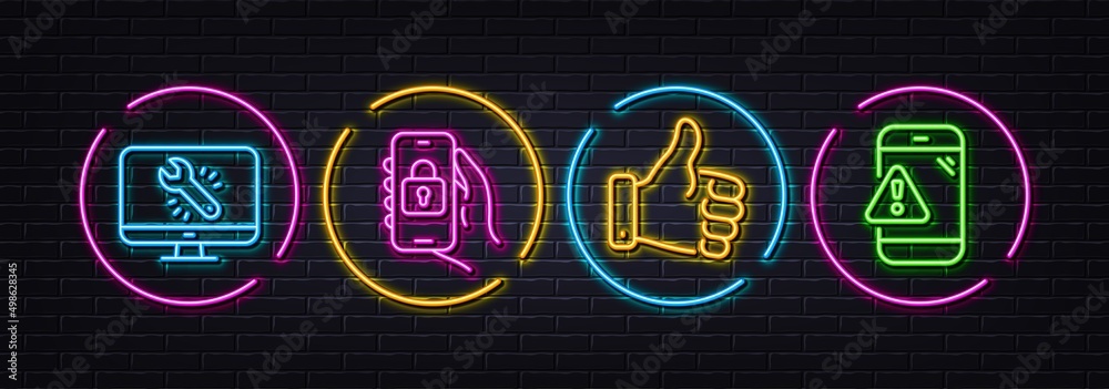 Like hand, Locked app and Monitor repair minimal line icons. Neon laser 3d lights. Warning message icons. For web, application, printing. Thumbs up, Smartphone lock, Computer service. Vector
