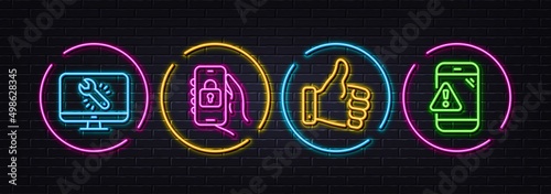 Like hand, Locked app and Monitor repair minimal line icons. Neon laser 3d lights. Warning message icons. For web, application, printing. Thumbs up, Smartphone lock, Computer service. Vector