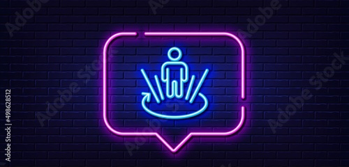 Neon light speech bubble. Augmented reality line icon. VR simulation sign. 3d person symbol. Neon light background. Augmented reality glow line. Brick wall banner. Vector